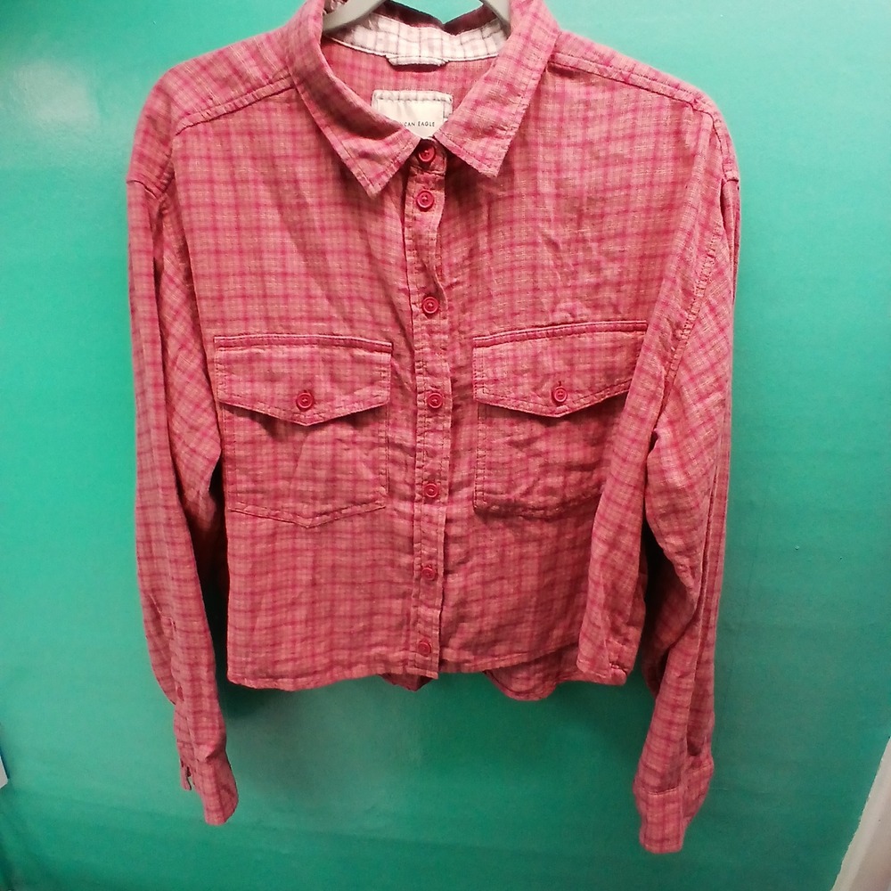 American Eagle Cropped Flannel Shirt‎ Medium Pink Plaid Button Down Grunge Boho